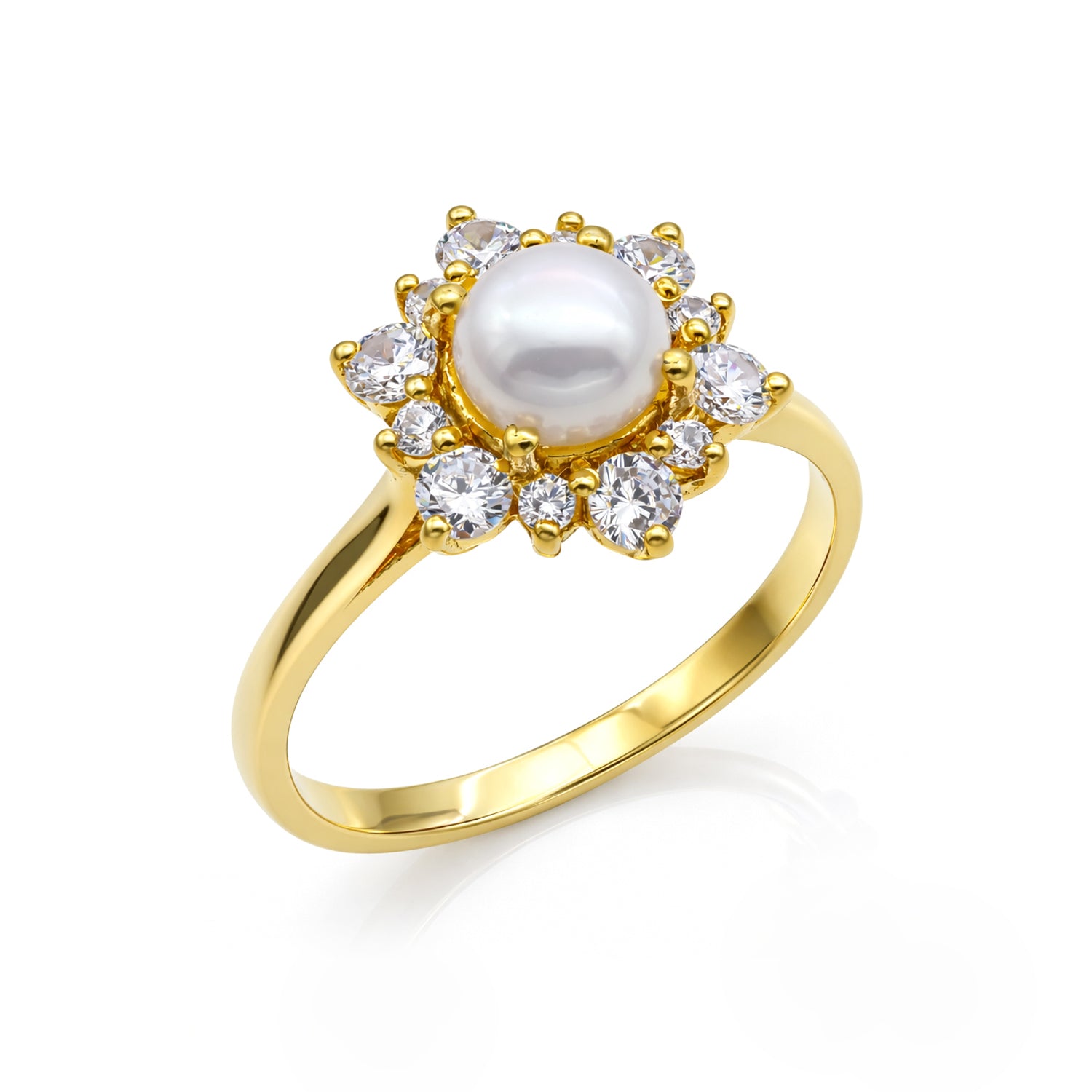 Gold Plated Sterling Silver Pearl Halo Ring, CZ Art Deco Style