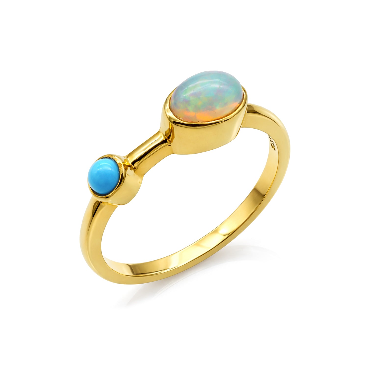 Gold Plated Fire Opal Turquoise Ring, 925 Sterling Silver Boho Band