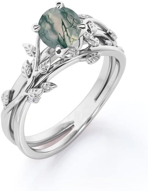 Moss Agate Ring for Women | Sterling Silver Leaf Engagement Ring | Custom Green Agate Nature-Inspired Jewelry