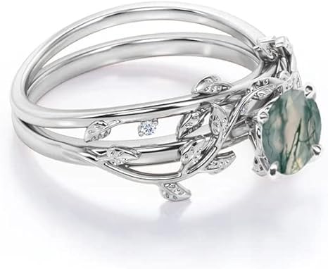 Moss Agate Ring for Women | Sterling Silver Leaf Engagement Ring | Custom Green Agate Nature-Inspired Jewelry