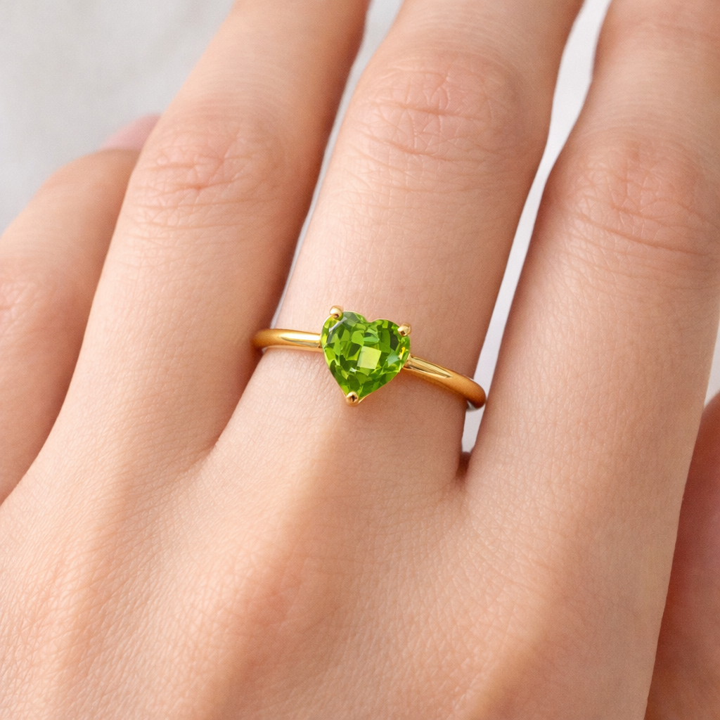 Heart Cut Peridot Ring, Yellow Gold Plated Sterling Silver, August Birthstone