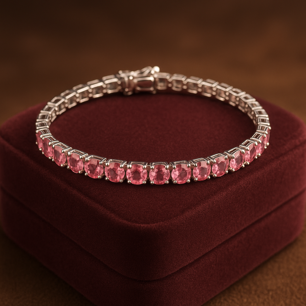 Pink Sapphire Tennis Bracelet – 925 Sterling Silver, Dainty Gemstone Bracelet for Women