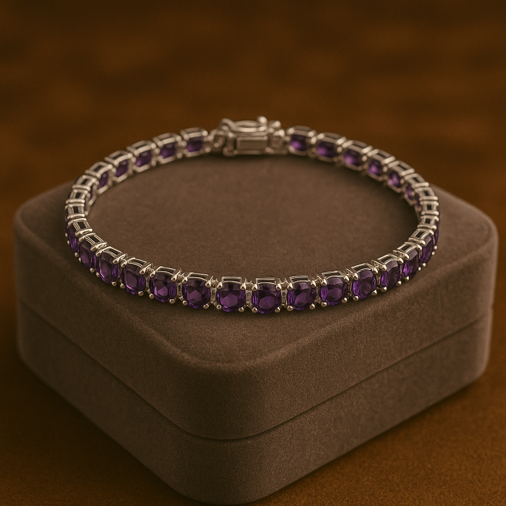 Natural Amethyst Bracelet – 925 Sterling Silver Tennis Design