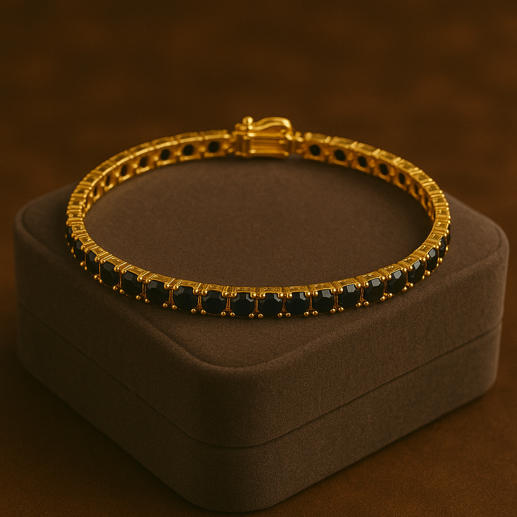 Black Onyx Tennis Bracelet – Yellow Gold Plated 925 Sterling Silver | Round 3mm Gemstones