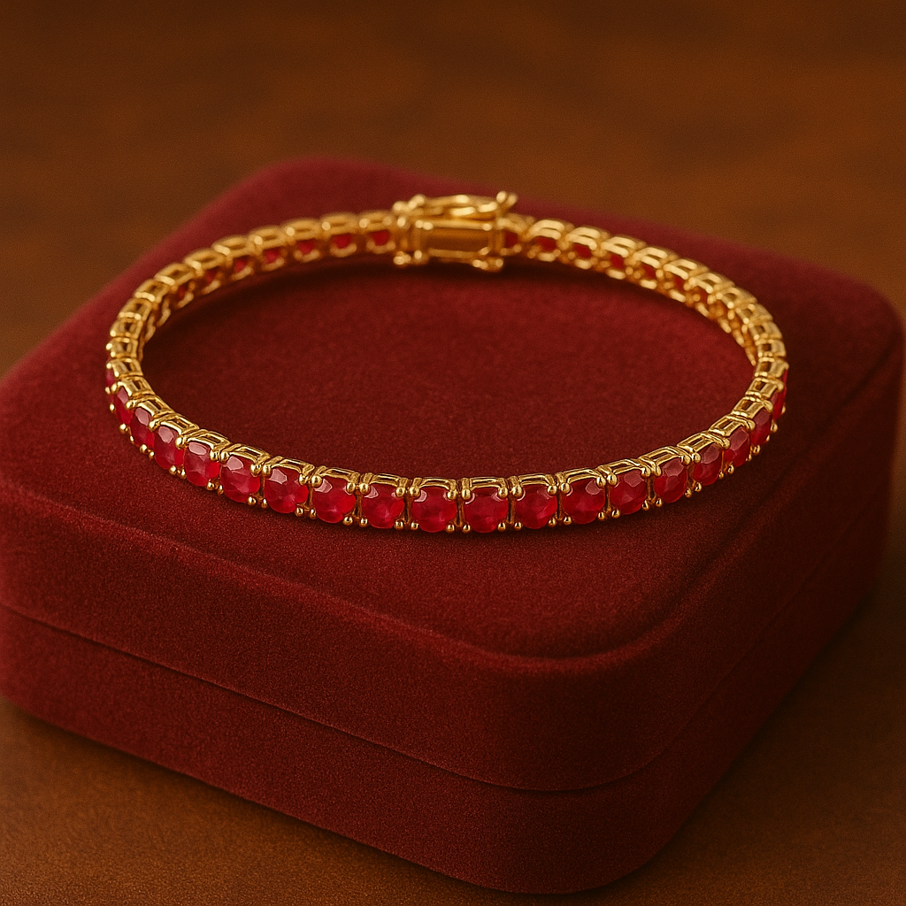 Ruby Tennis Bracelet – Yellow Gold Plated 925 Sterling Silver | Oval 6x4 mm Gemstones