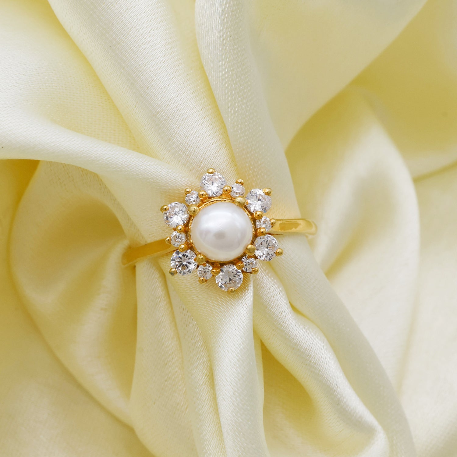 Gold Plated Sterling Silver Pearl Halo Ring, CZ Art Deco Style