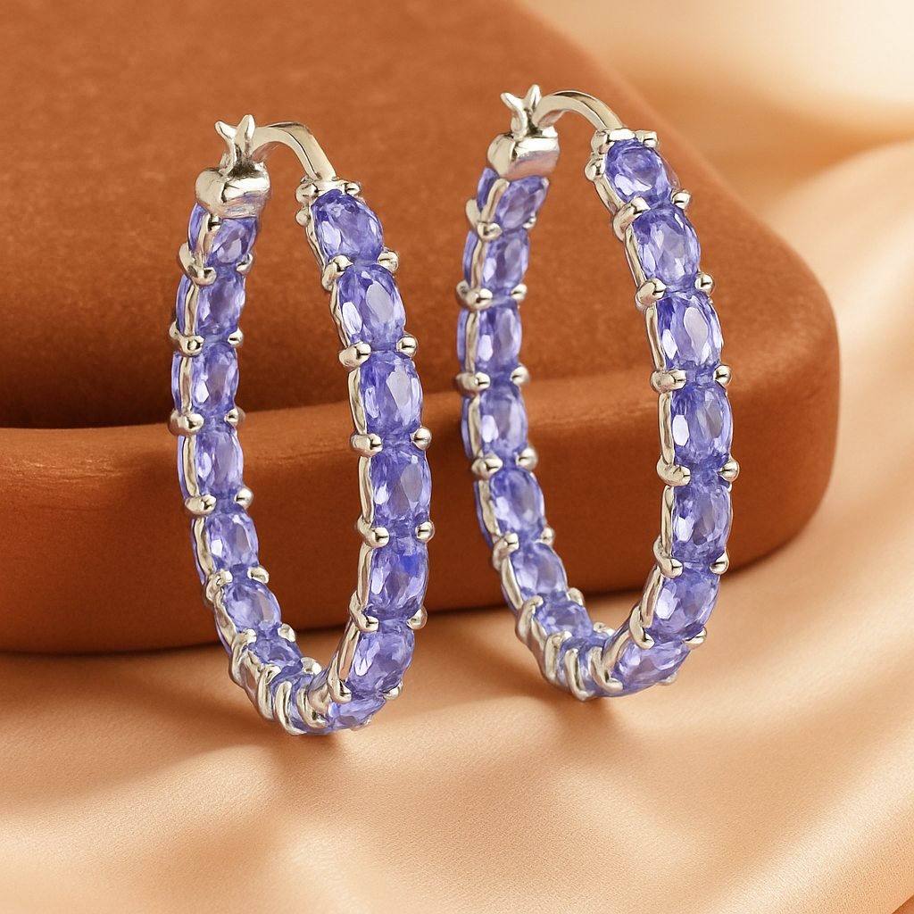 Tanzanite Hoop Earrings ,925 Sterling Silver  Natural Oval-Cut Tanzanite Jewelry