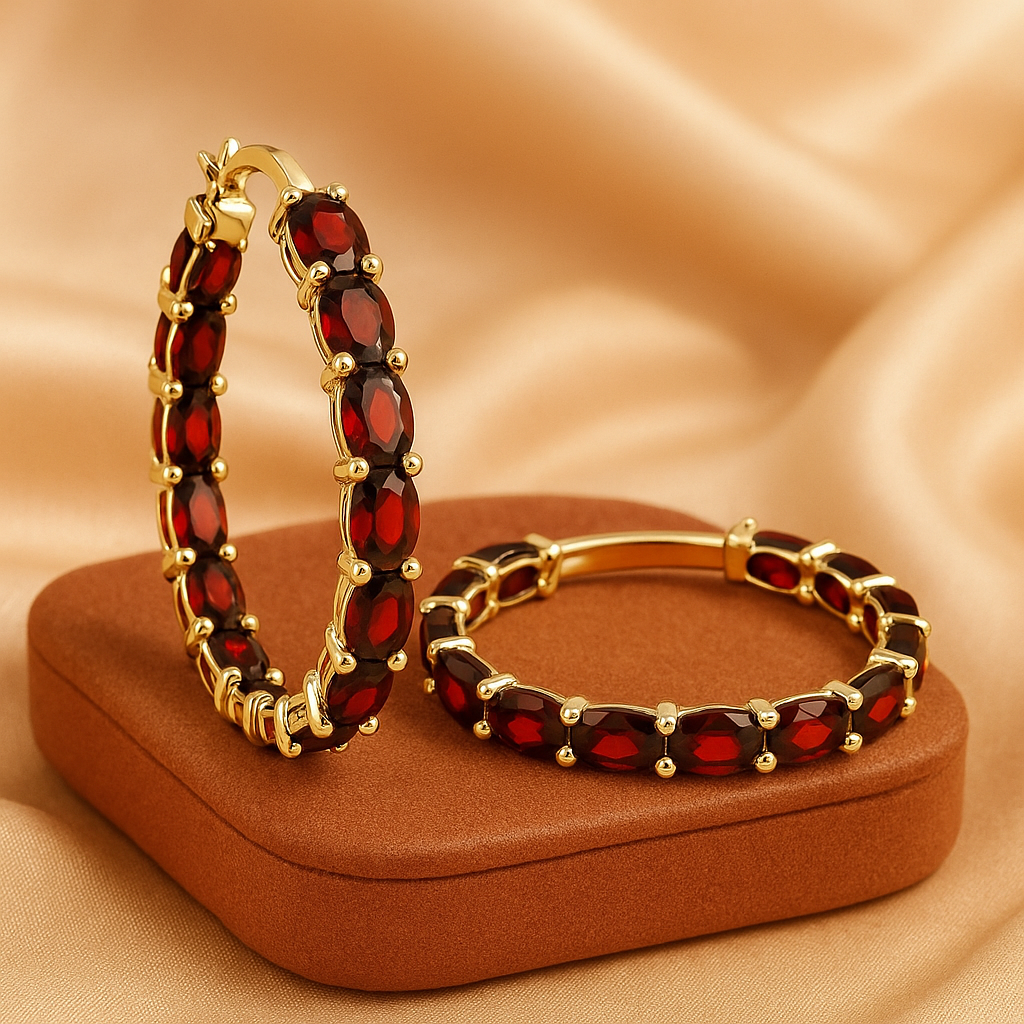 Garnet Hoop Earrings,18K Yellow Gold Plated 925 Sterling Silver Earrings