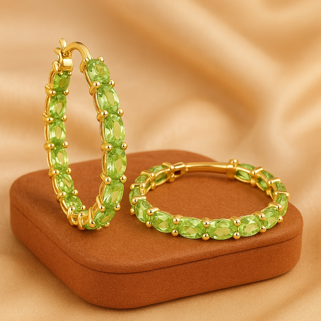 Peridot Oval Earrings,925 Sterling Silver Rhodium Plated Hoop  Earrings
