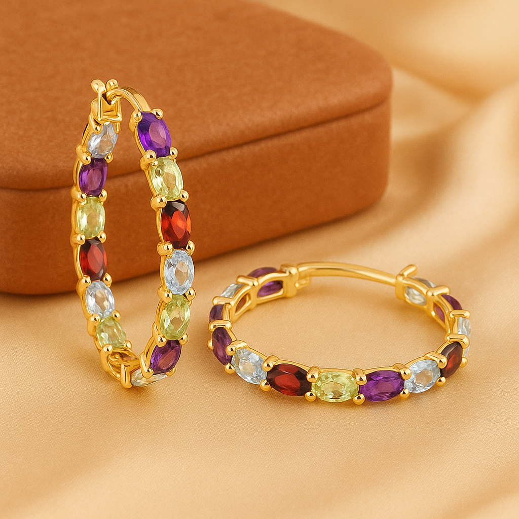 Multi-Gemstone Hoop Earrings – 925 Sterling Silver Rhodium Plated,Colorful Earrings for Women