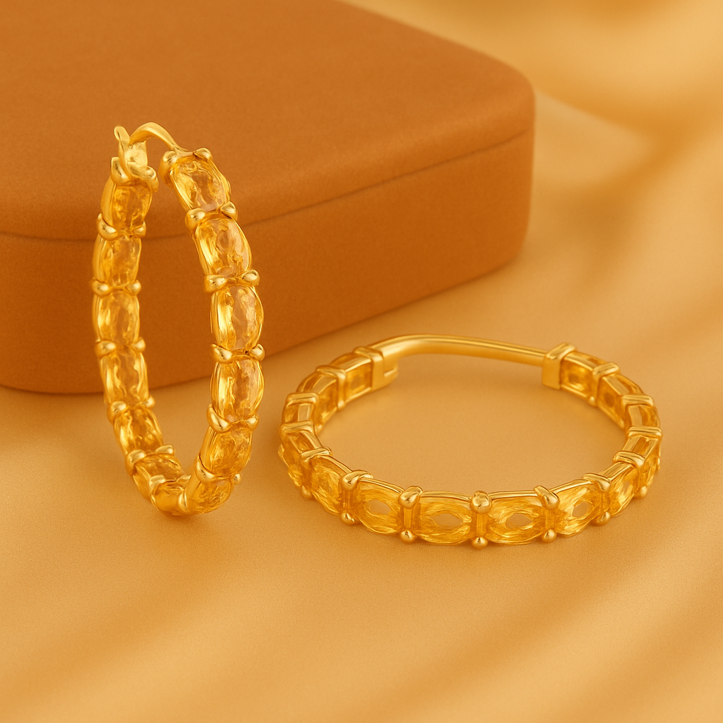 Citrine Hoop Earrings, 925 Sterling Silver Rhodium Plated Natural Yellow Gemstone Earrings for Women