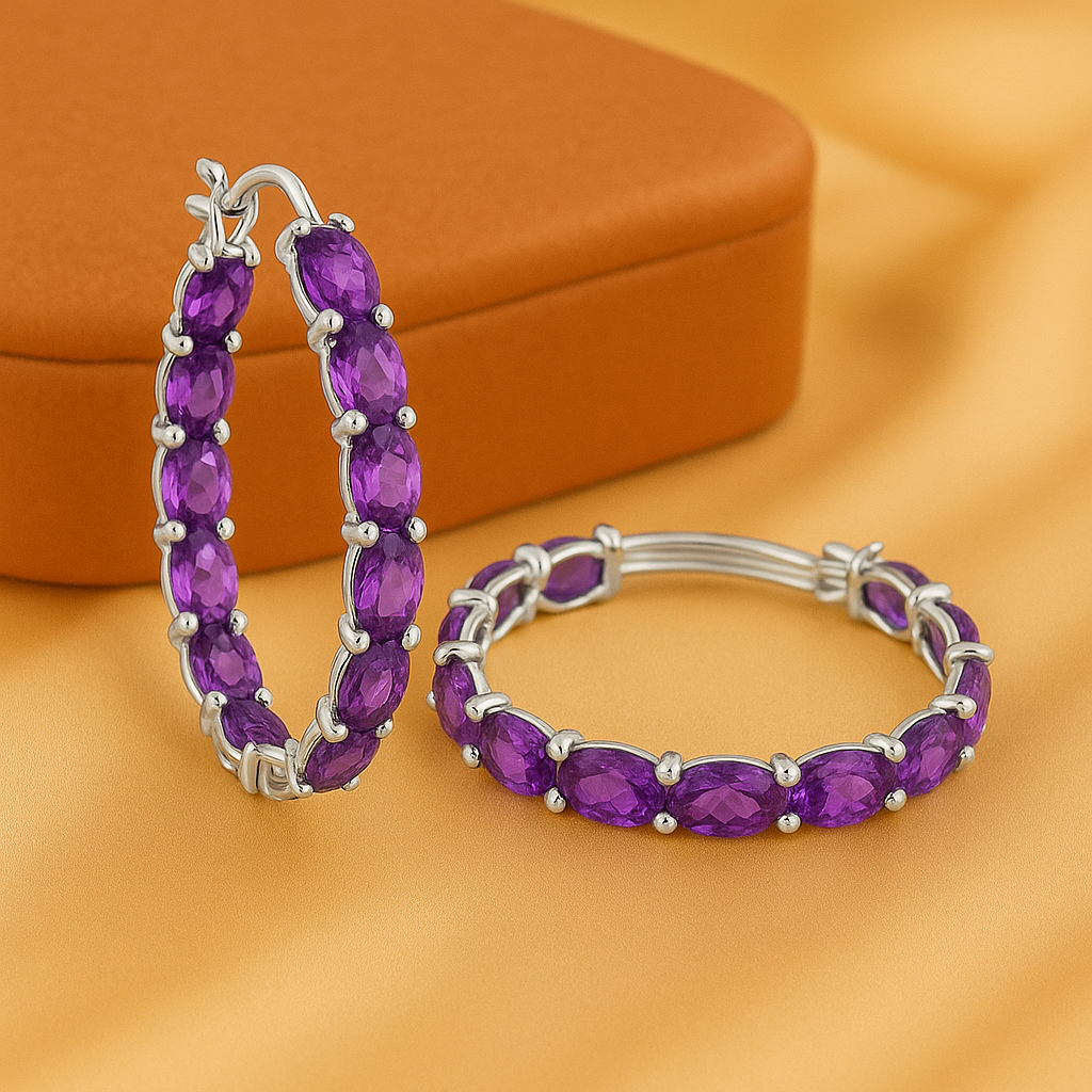 Amethyst Hoop Earrings,925 Sterling Silver Rhodium Plated Natural Purple Gemstone Earrings for Women