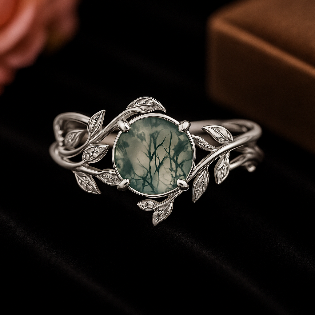 Moss Agate Ring for Women | Sterling Silver Leaf Engagement Ring | Custom Green Agate Nature-Inspired Jewelry