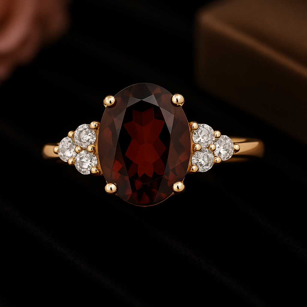Genuine Garnet and White Topaz Ring for Women | 14K Yellow Gold Plated Sterling Silver | Oval Red Garnet Cocktail Ring