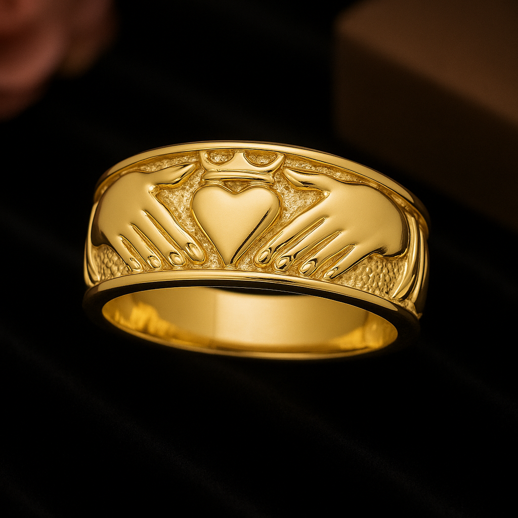 Men’s Claddagh Ring in 925 Sterling Silver | 10K Yellow Gold Plated Polished Irish Band