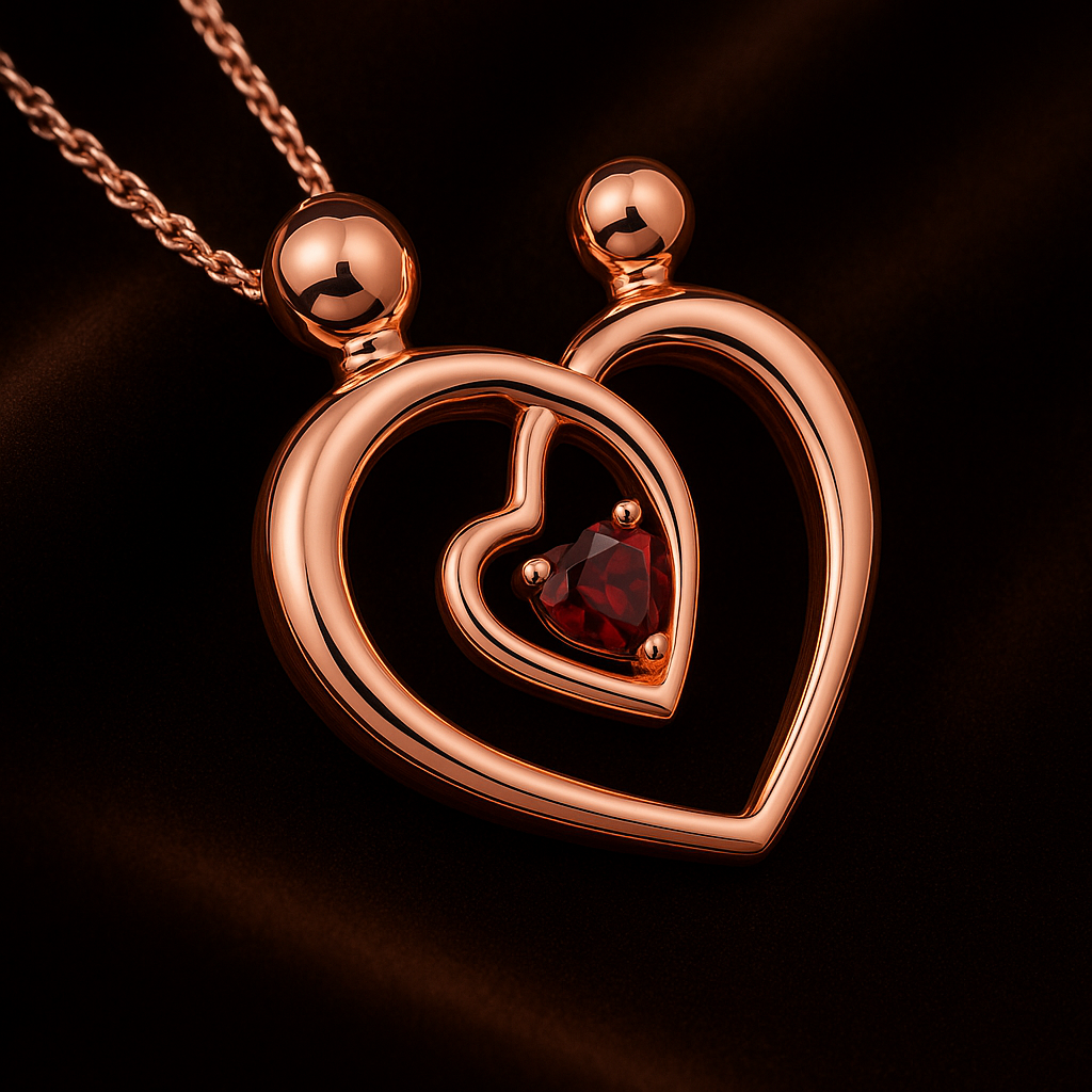 Mom and Child Heart Pendant Necklace – Genuine Garnet in 14K Rose Gold Plated Sterling Silver