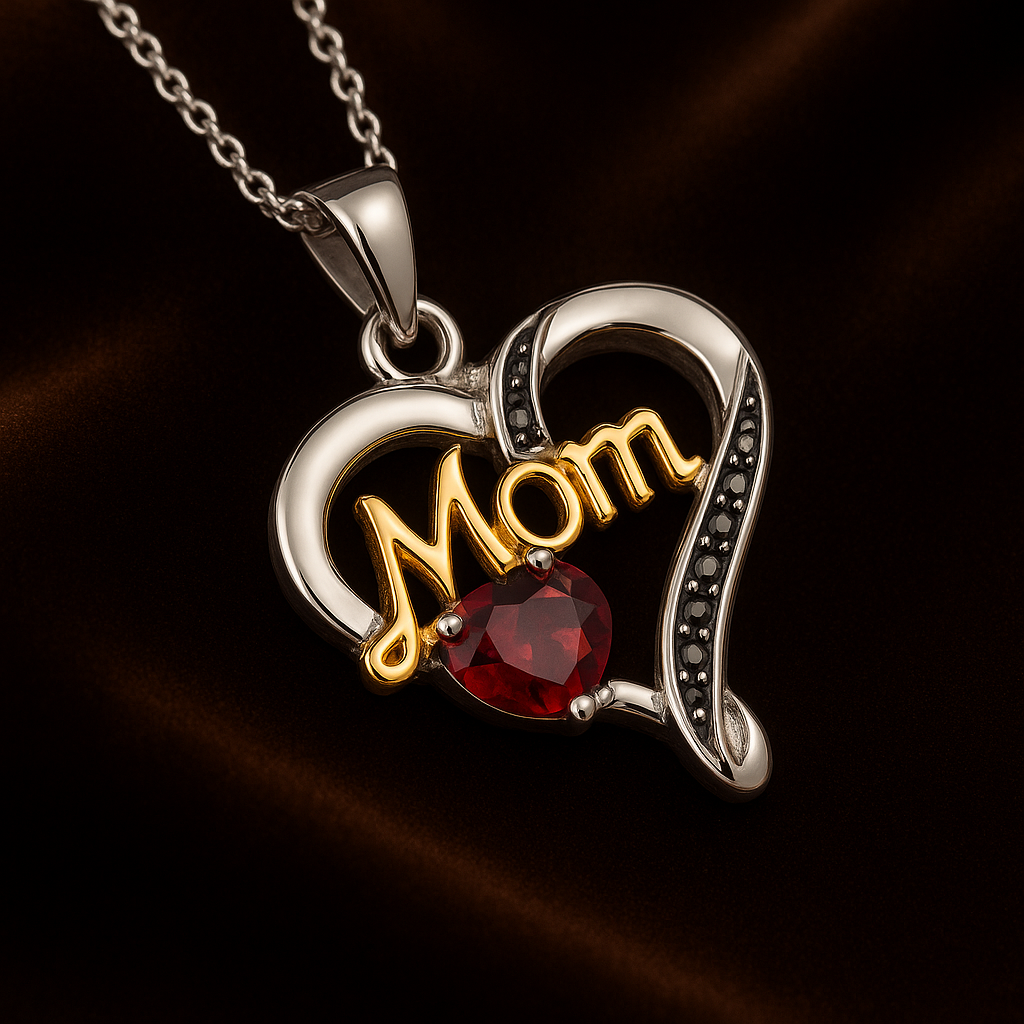 Mom Heart Pendant Necklace – Genuine Garnet & Black Spinel in Two-Tone Sterling Silver Pendant Necklace