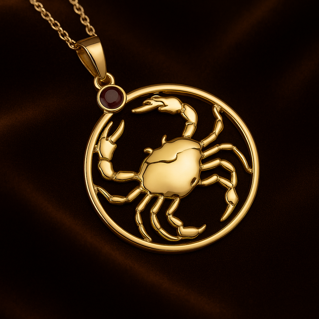 Cancer Zodiac Crab Pendant Necklace – Genuine Ruby in 14K Yellow Gold Plated Sterling Silver | Astrology Gift for Her