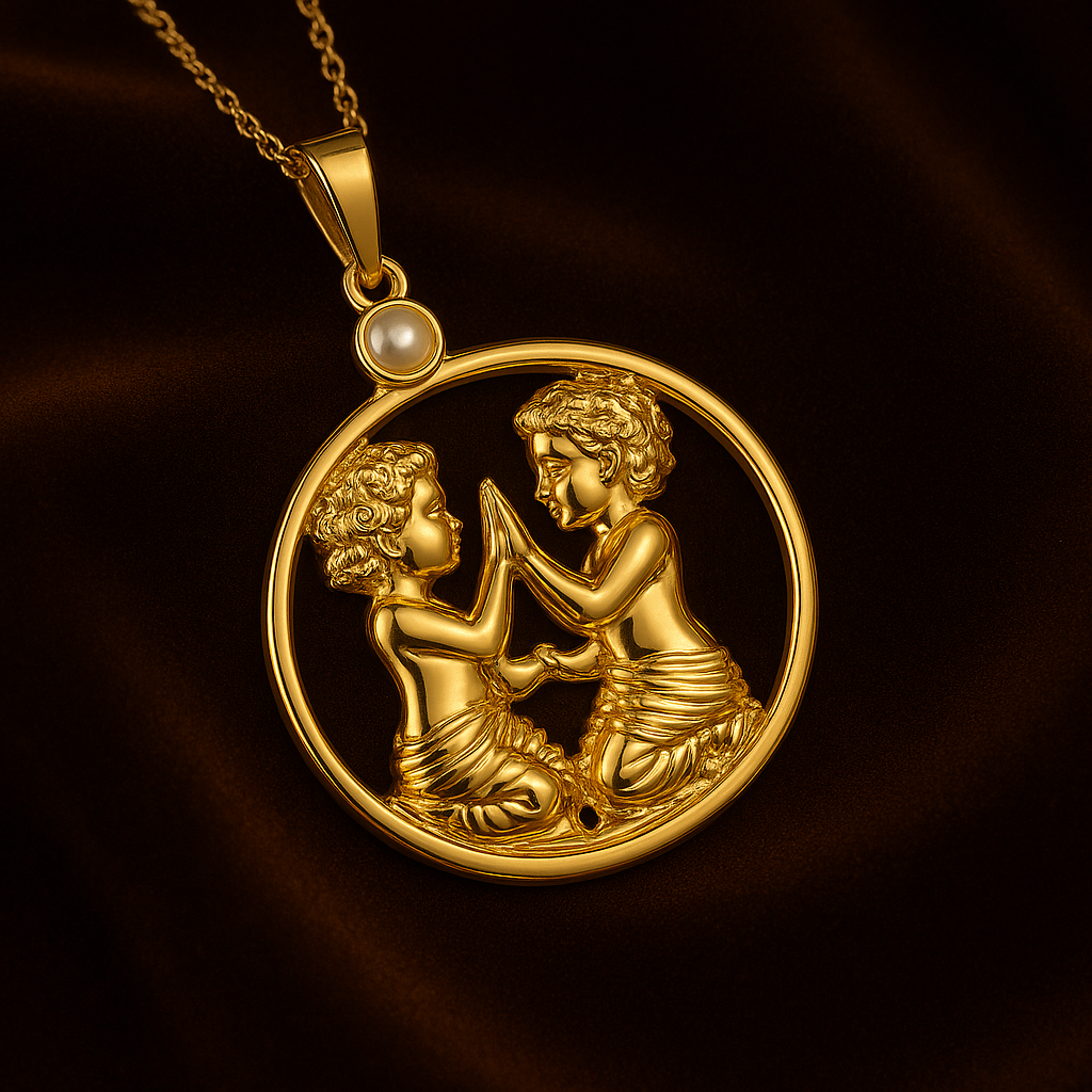 Gemini Zodiac Pendant Necklace – 14K Yellow Gold Plated Sterling Silver with Genuine Pearl | Gemini Twins Astrology Pendant Necklace