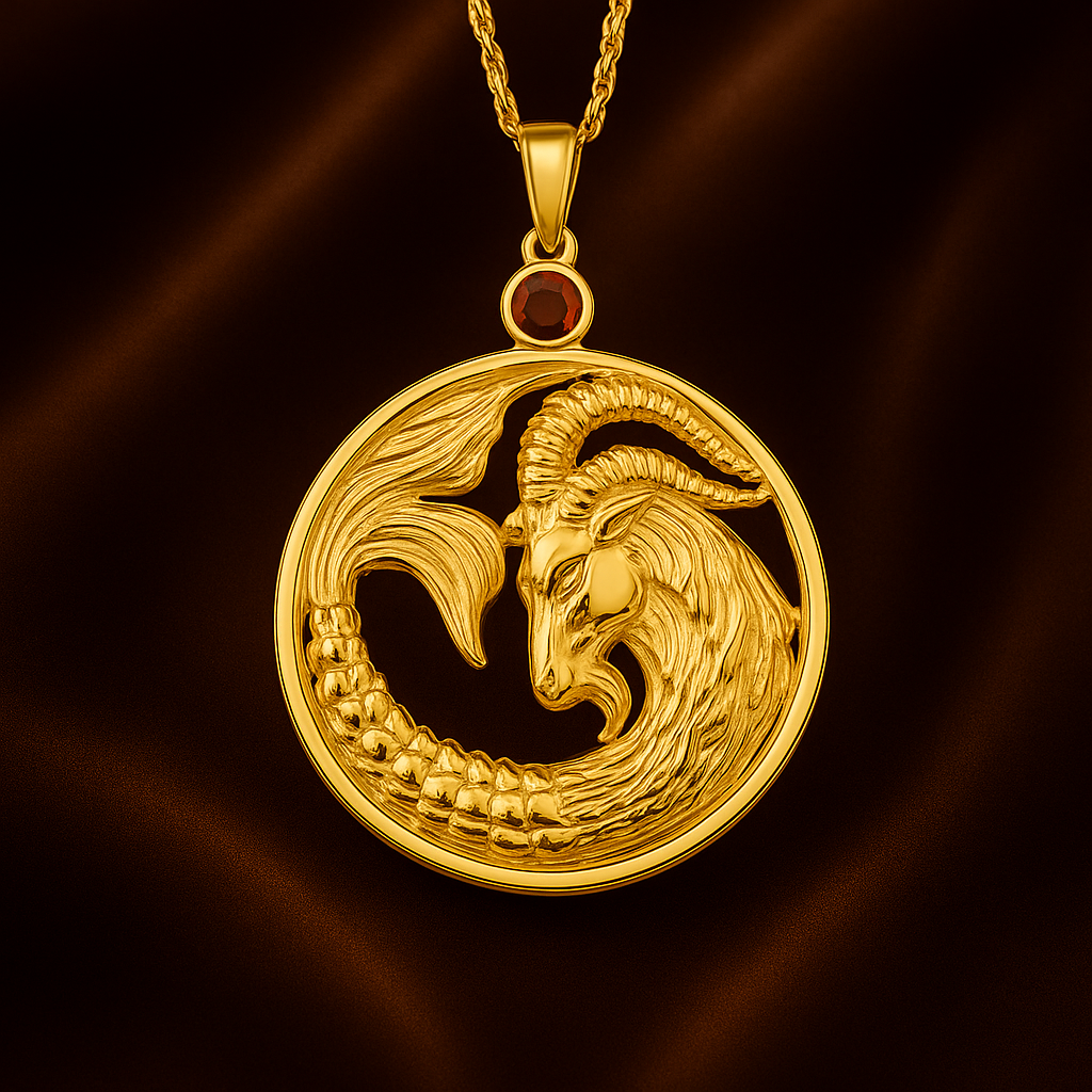 Capricorn Zodiac Pendant Necklace – 14K Yellow Gold Plated Sterling Silver with Genuine Garnet | Capricorn Goat Astrology Pendant Necklace