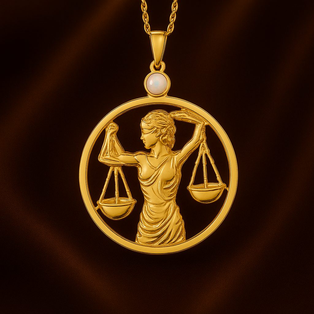 Libra Zodiac Pendant Necklace – 14K Yellow Gold Plated Sterling Silver with Genuine Ethiopian Opal | Libra Scales Astrology Pendant Necklace