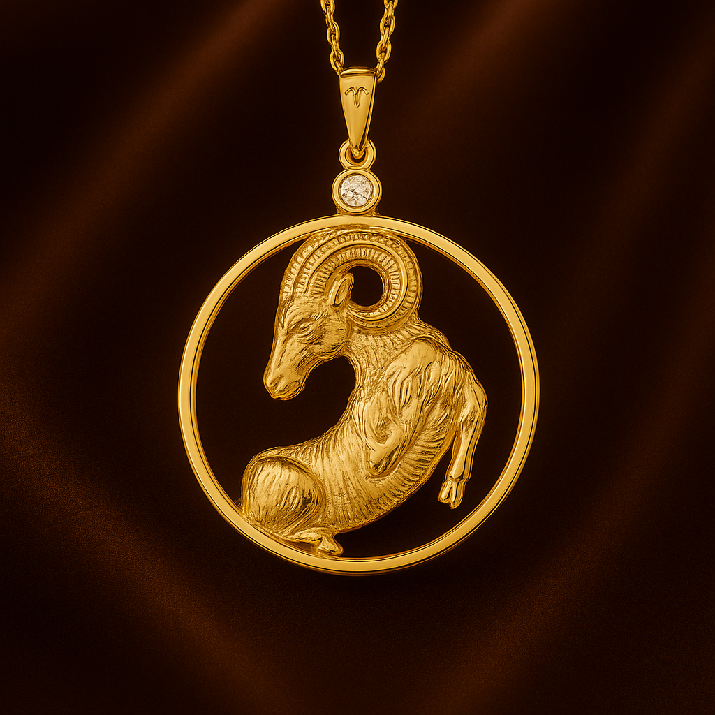 Aries Zodiac Pendant Necklace – 14K Gold Plated Sterling Silver Aries Ram with Moissanite April Birthstone | Bold Astrology Jewelry for Men & Women