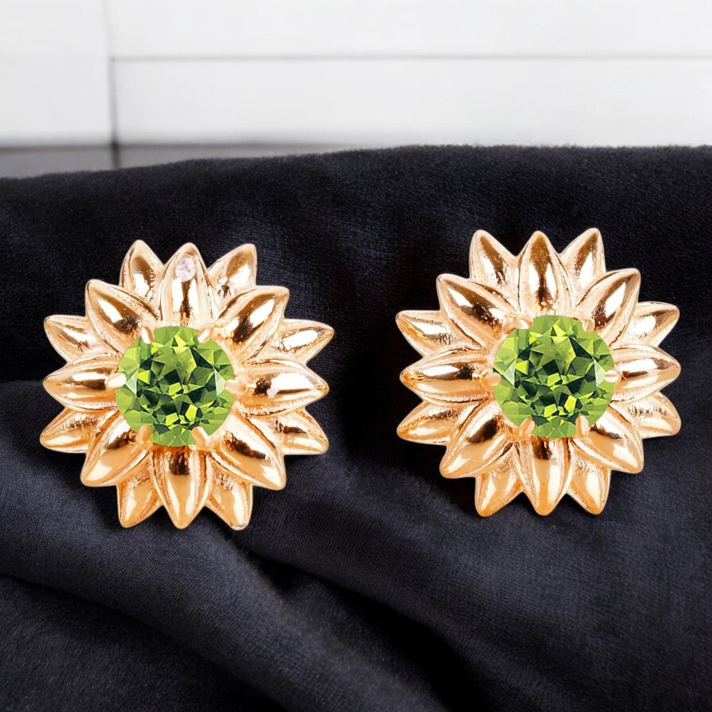 Peridot Flower Stud Earrings – 4mm Round Cut | Yellow Gold over 925 Sterling Silver