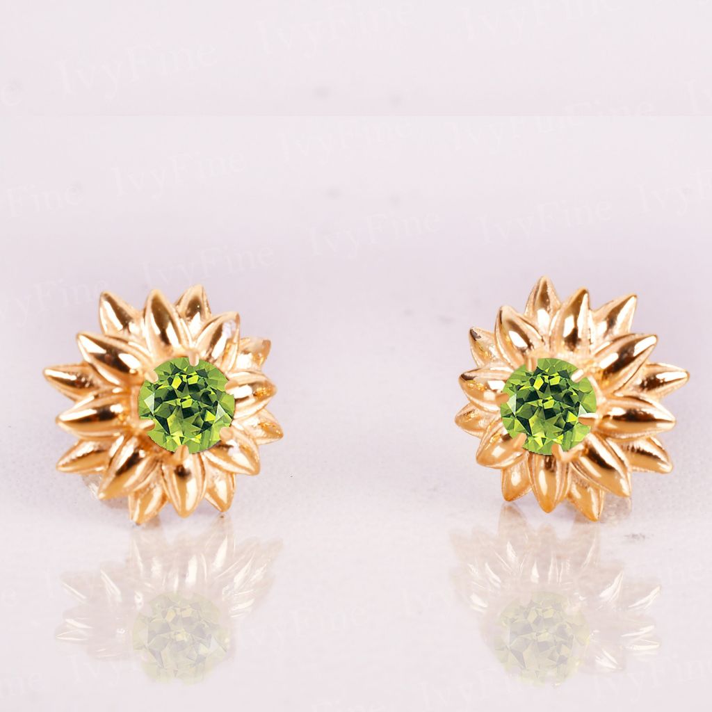 Peridot Flower Stud Earrings – 4mm Round Cut | Yellow Gold over 925 Sterling Silver