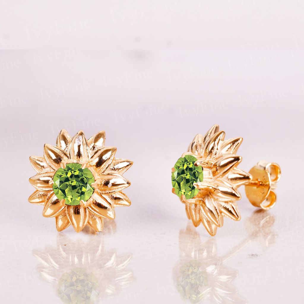 Peridot Flower Stud Earrings – 4mm Round Cut | Yellow Gold over 925 Sterling Silver