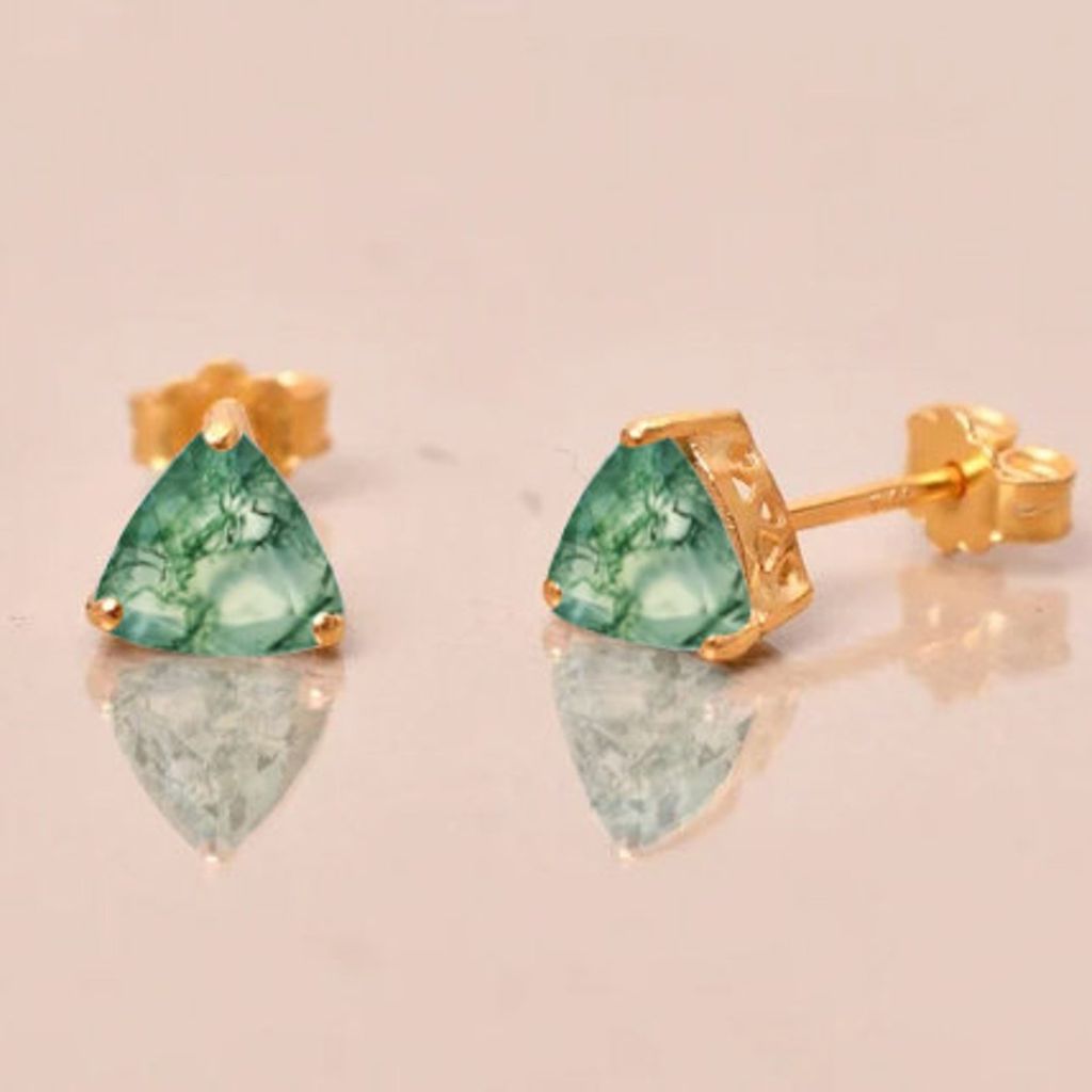 Moss Agate Trilliant Stud Earrings, 925 Sterling Silver