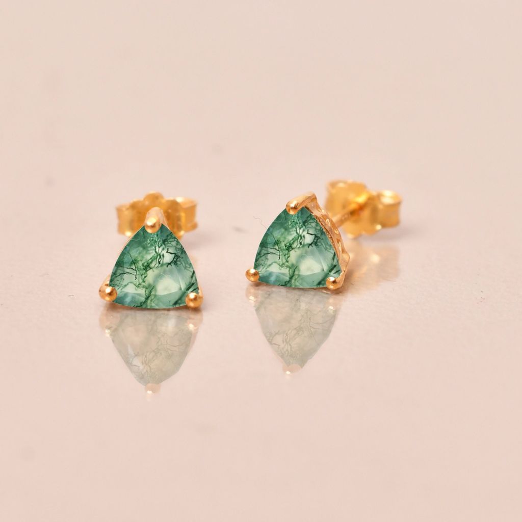 Moss Agate Trilliant Stud Earrings, 925 Sterling Silver