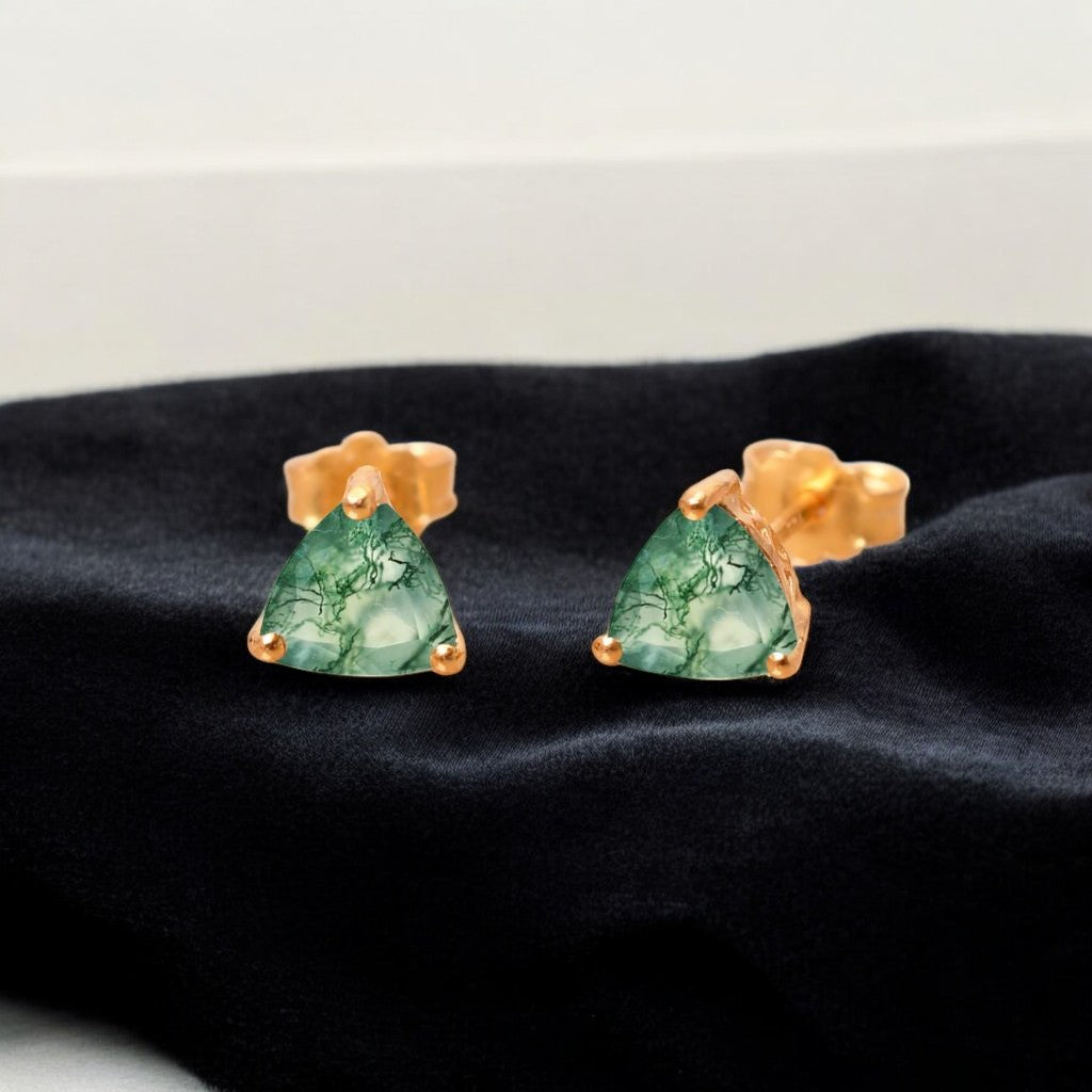 Moss Agate Trilliant Stud Earrings, 925 Sterling Silver