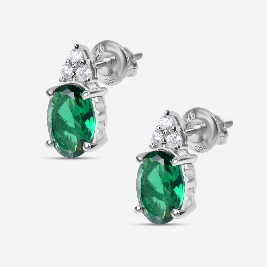 Green Emerald Stud Earrings – Oval 6x4mm, 925 Sterling Silver