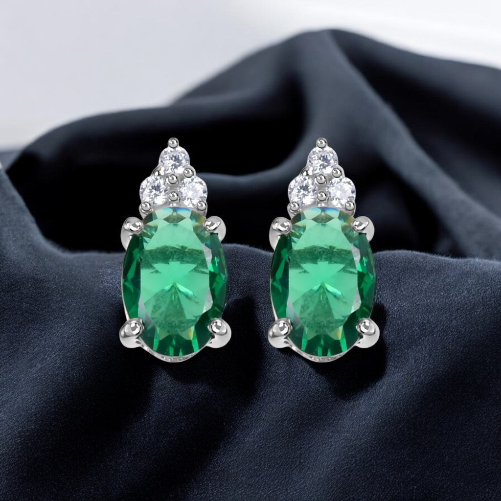 Green Emerald Stud Earrings – Oval 6x4mm, 925 Sterling Silver