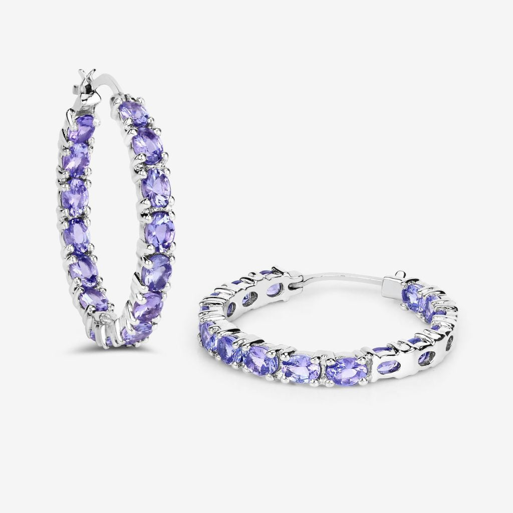 Tanzanite Hoop Earrings ,925 Sterling Silver  Natural Oval-Cut Tanzanite Jewelry