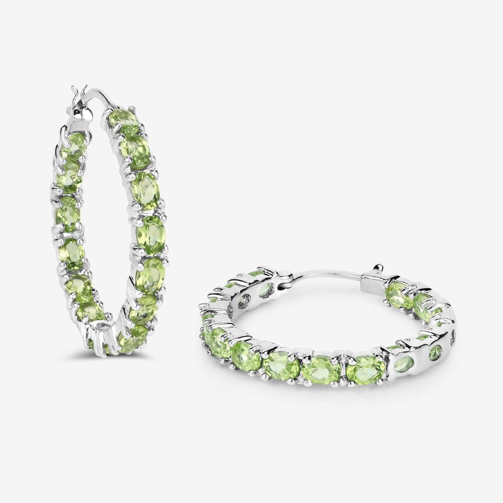 Peridot Oval Earrings,925 Sterling Silver Rhodium Plated Hoop  Earrings