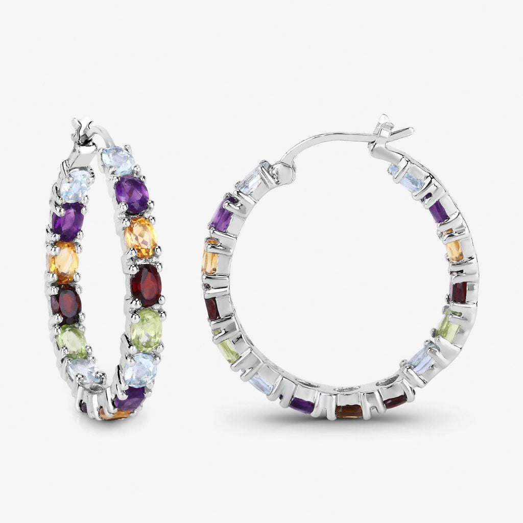 Multi-Gemstone Hoop Earrings – 925 Sterling Silver Rhodium Plated,Colorful Earrings for Women