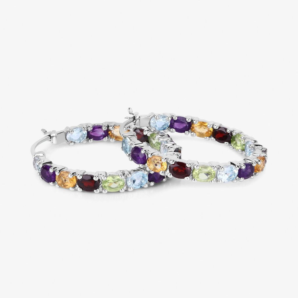 Multi-Gemstone Hoop Earrings – 925 Sterling Silver Rhodium Plated,Colorful Earrings for Women