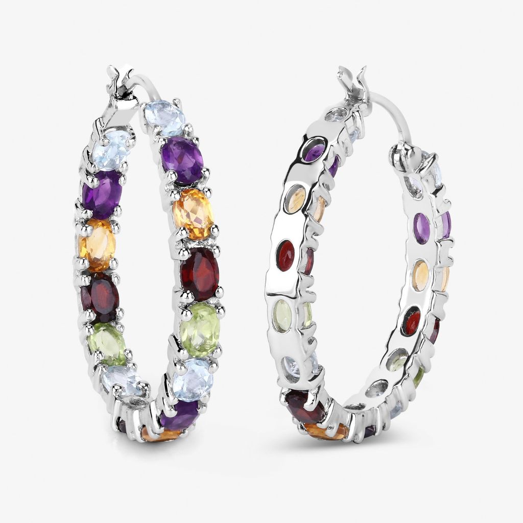 Multi-Gemstone Hoop Earrings – 925 Sterling Silver Rhodium Plated,Colorful Earrings for Women