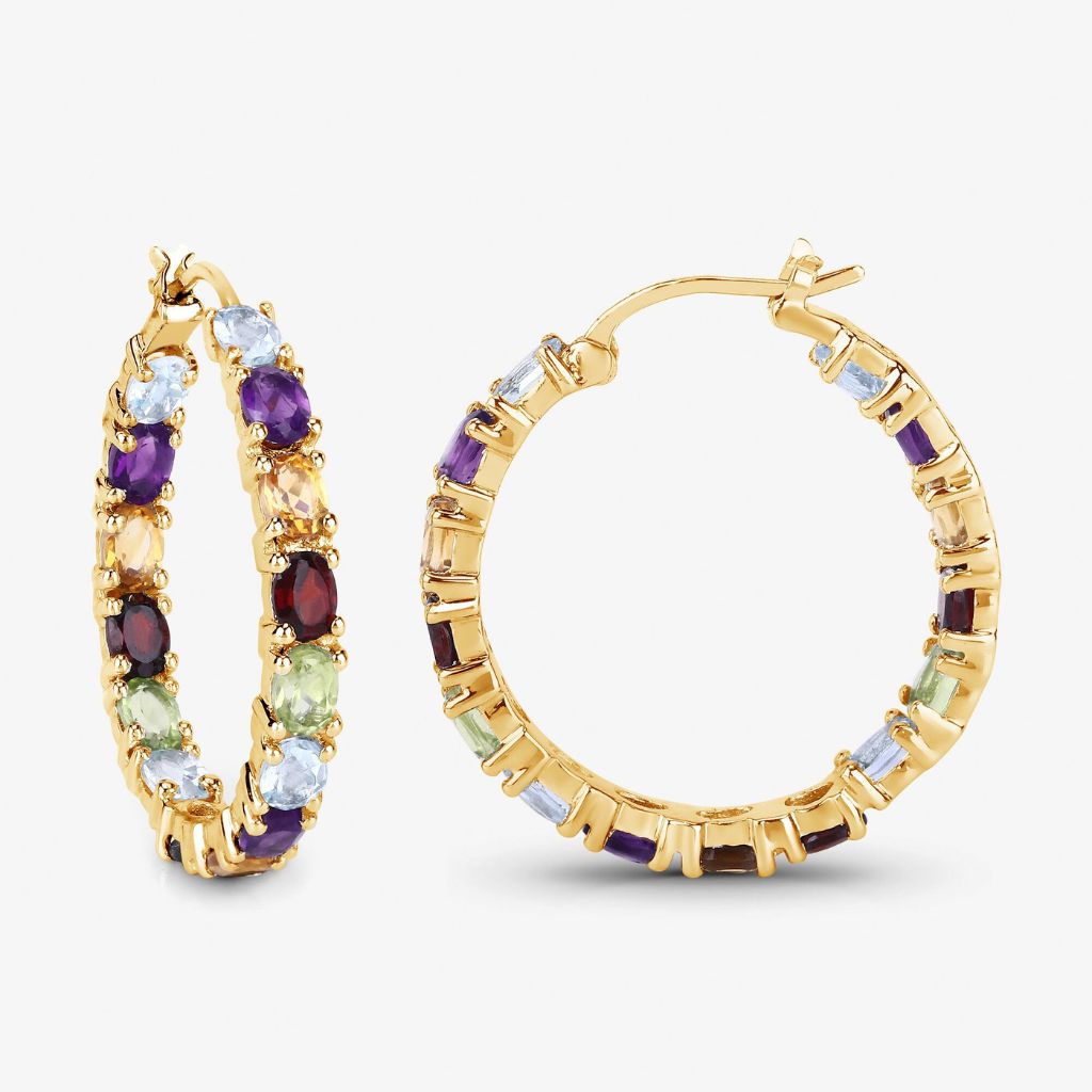 Multi-Gemstone Hoop Earrings – 925 Sterling Silver Rhodium Plated,Colorful Earrings for Women