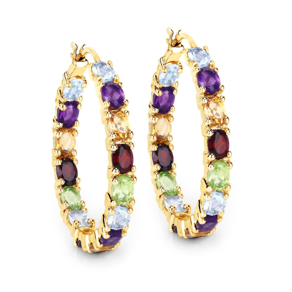 Multi-Gemstone Hoop Earrings – 925 Sterling Silver Rhodium Plated,Colorful Earrings for Women