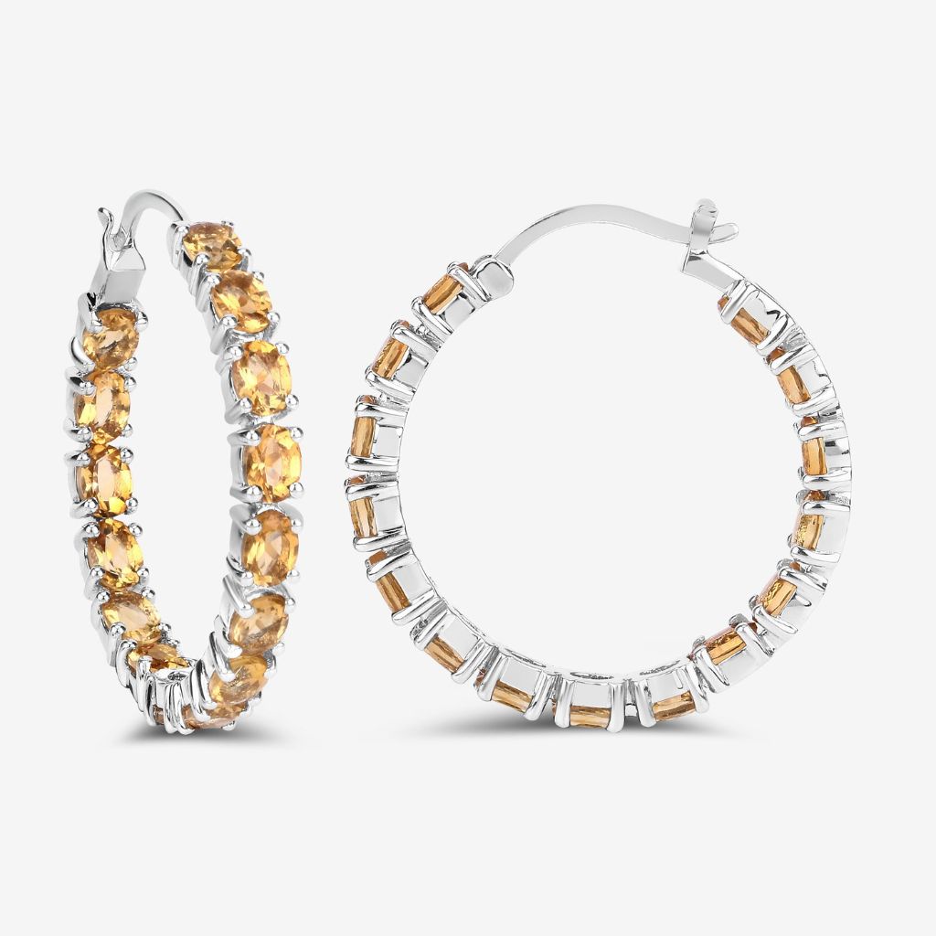 Citrine Hoop Earrings, 925 Sterling Silver Rhodium Plated Natural Yellow Gemstone Earrings for Women