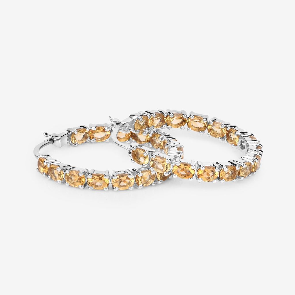 Citrine Hoop Earrings, 925 Sterling Silver Rhodium Plated Natural Yellow Gemstone Earrings for Women
