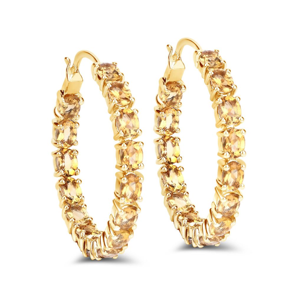 Citrine Hoop Earrings, 925 Sterling Silver Rhodium Plated Natural Yellow Gemstone Earrings for Women