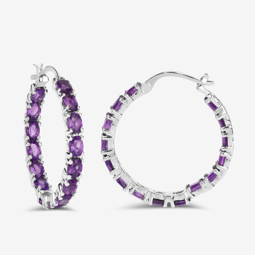 Amethyst Hoop Earrings,925 Sterling Silver Rhodium Plated Natural Purple Gemstone Earrings for Women