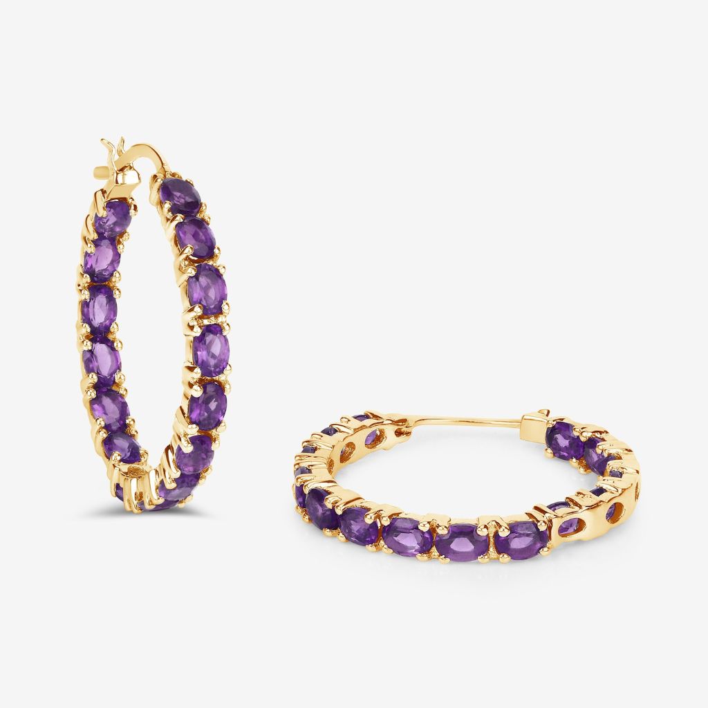 Amethyst Hoop Earrings,925 Sterling Silver Rhodium Plated Natural Purple Gemstone Earrings for Women