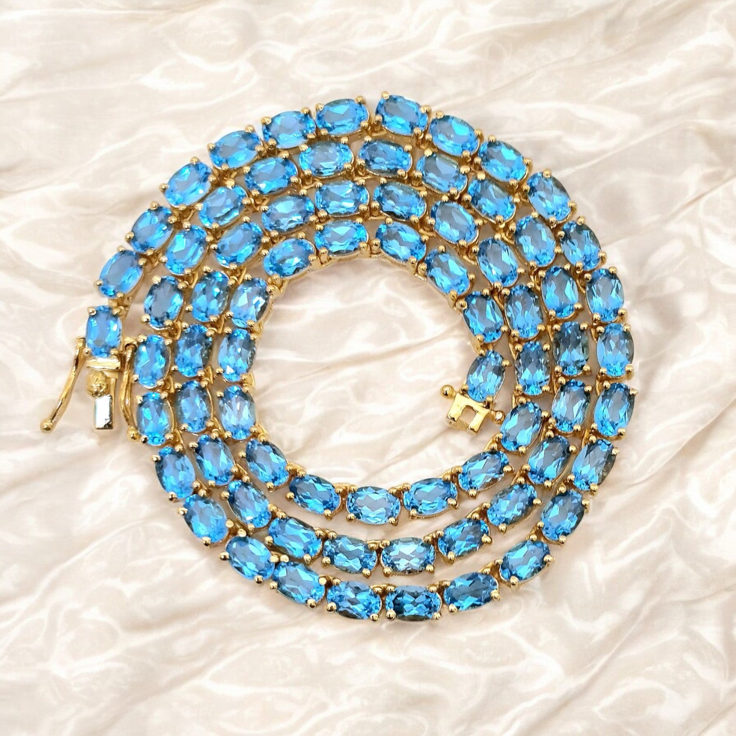 Swiss Blue Topaz Oval Tennis Necklace Natural Gemstone,925 Sterling Silver