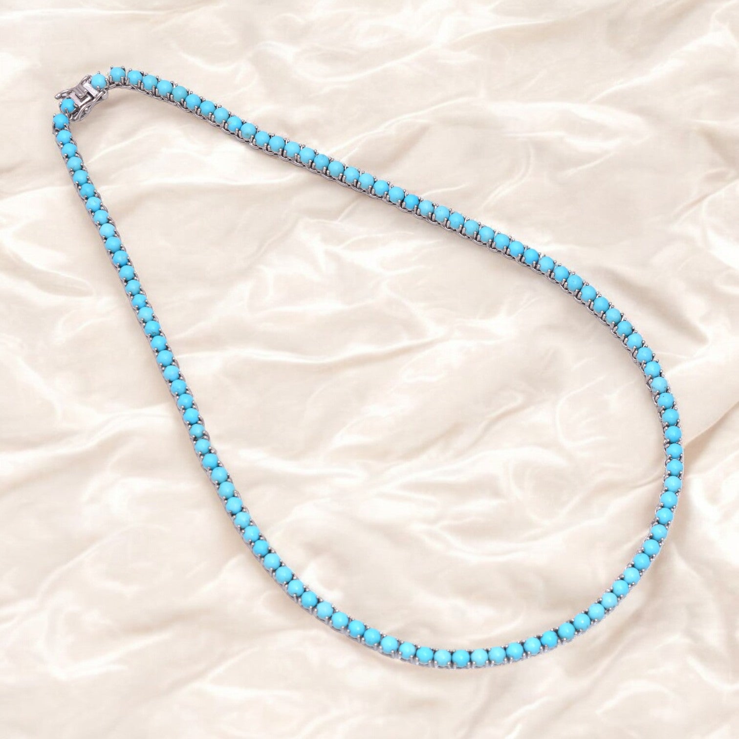 Sleeping Beauty Turquoise Tennis Necklace Round 4MM Stones 925 Sterling Silver Necklace