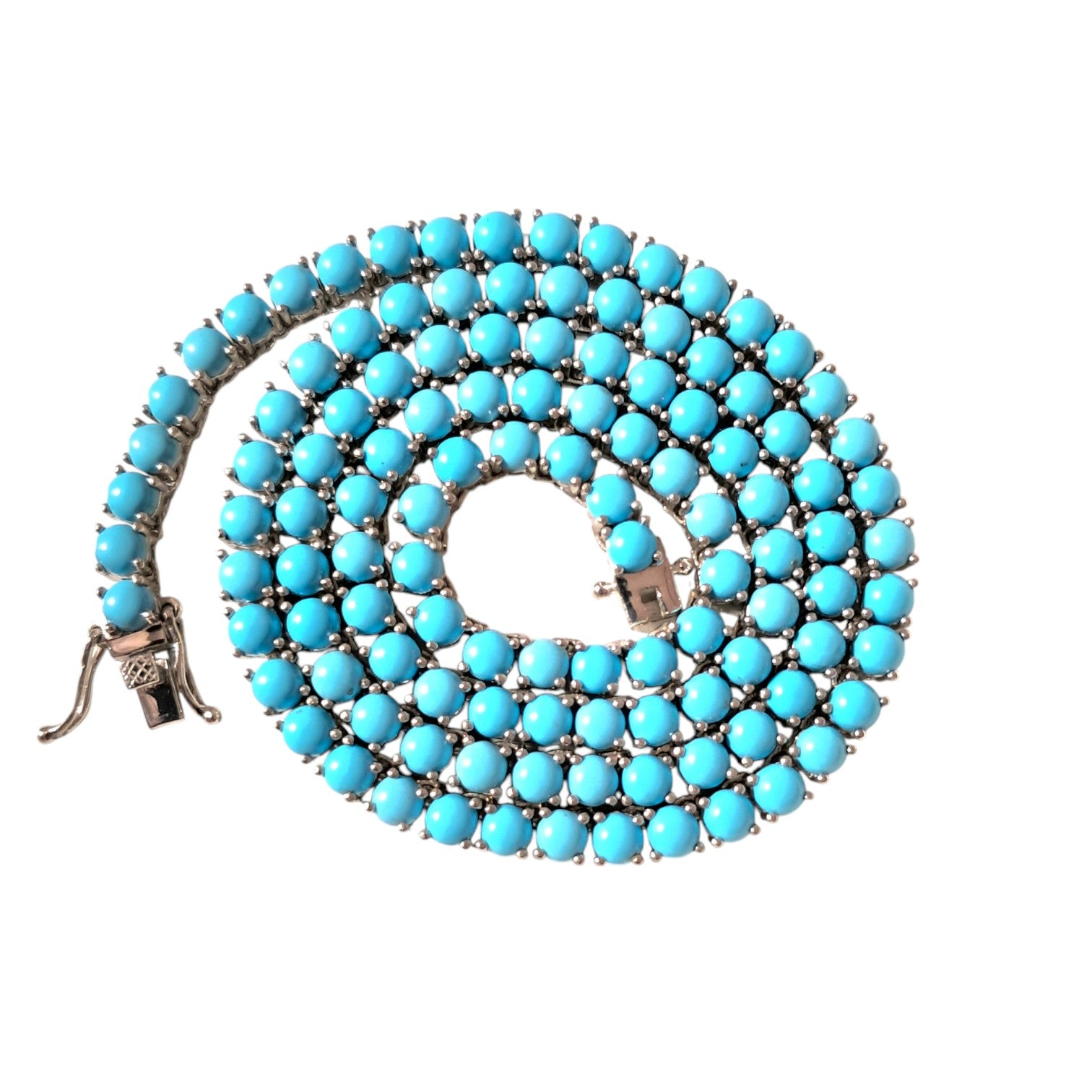 Sleeping Beauty Turquoise Tennis Necklace Round 4MM Stones 925 Sterling Silver Necklace