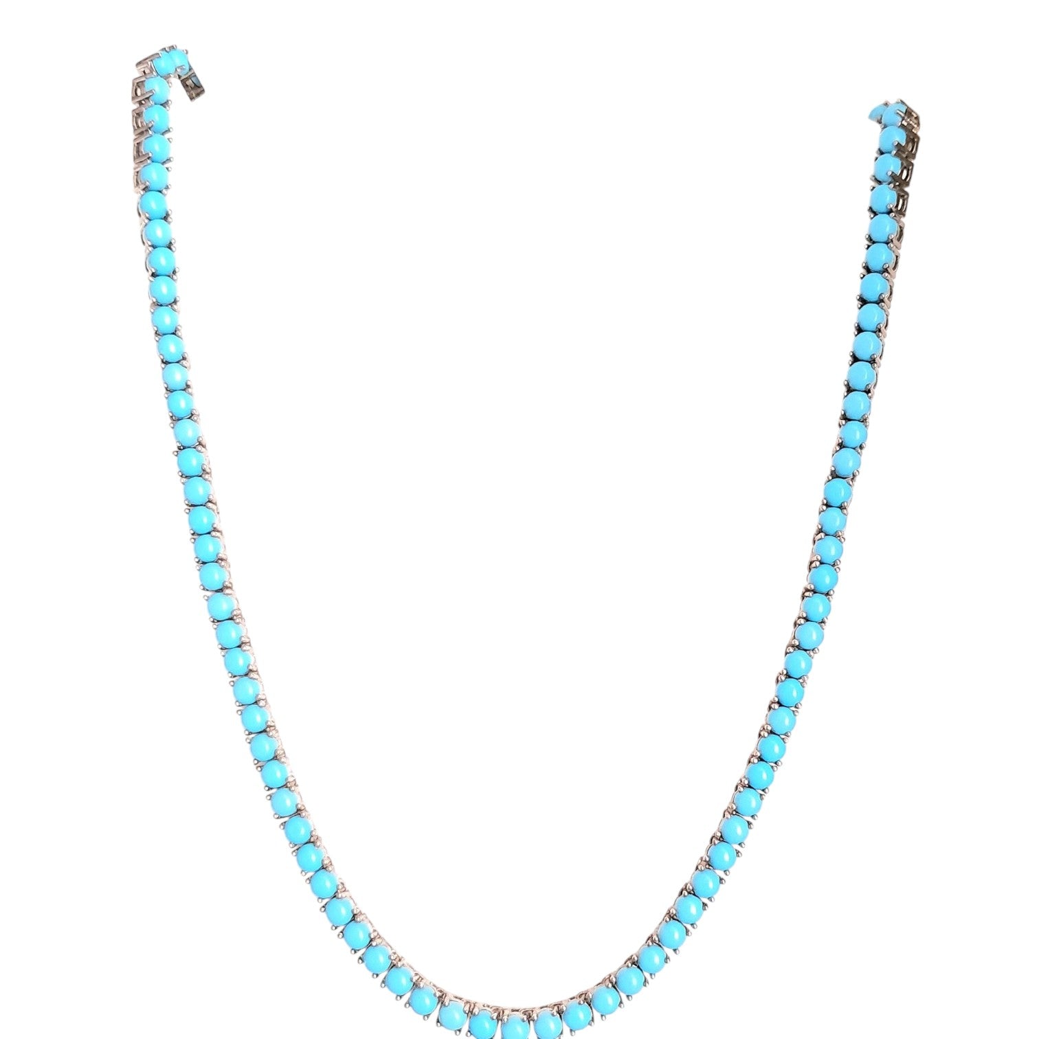 Sleeping Beauty Turquoise Tennis Necklace Round 4MM Stones 925 Sterling Silver Necklace